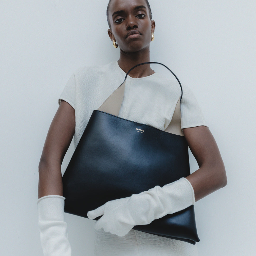 REE PROJECTS Clare Tote Large Black Calf Italian Leather Handmade Spacious Style Chic Modern Elegant Top Handle Shoulder Bag Everyday Work