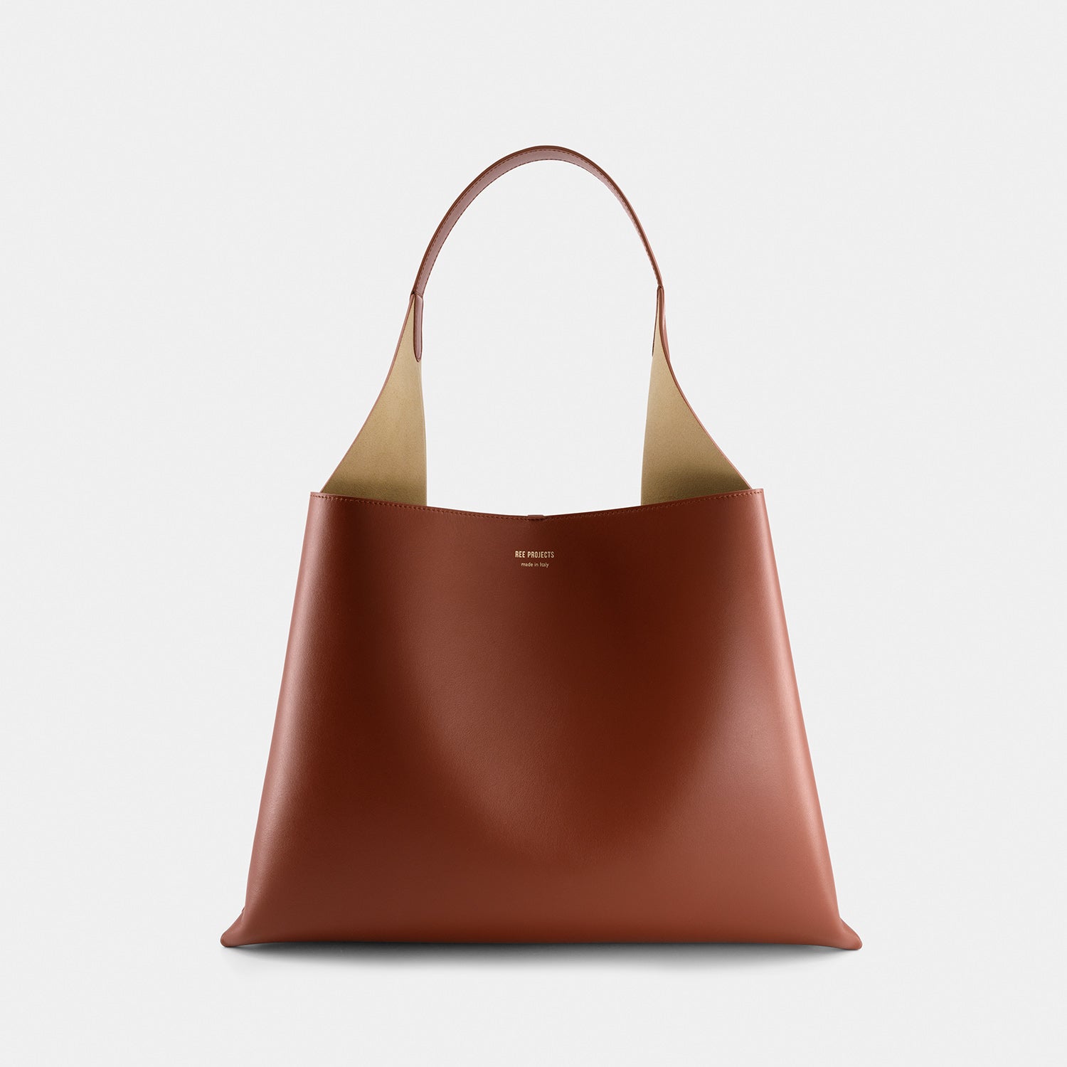 REE PROJECTS Clare Tote Large Cognac Brown Soft Calf Italian Leather Handmade Spacious Style Chic Modern Elegant Top Handle Shoulder Bag Everyday Work
