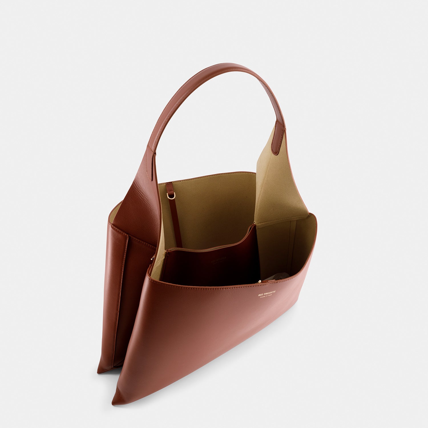 REE PROJECTS Clare Tote Large Cognac Brown Soft Calf Italian Leather Handmade Spacious Style Chic Modern Elegant Top Handle Shoulder Bag Everyday Work