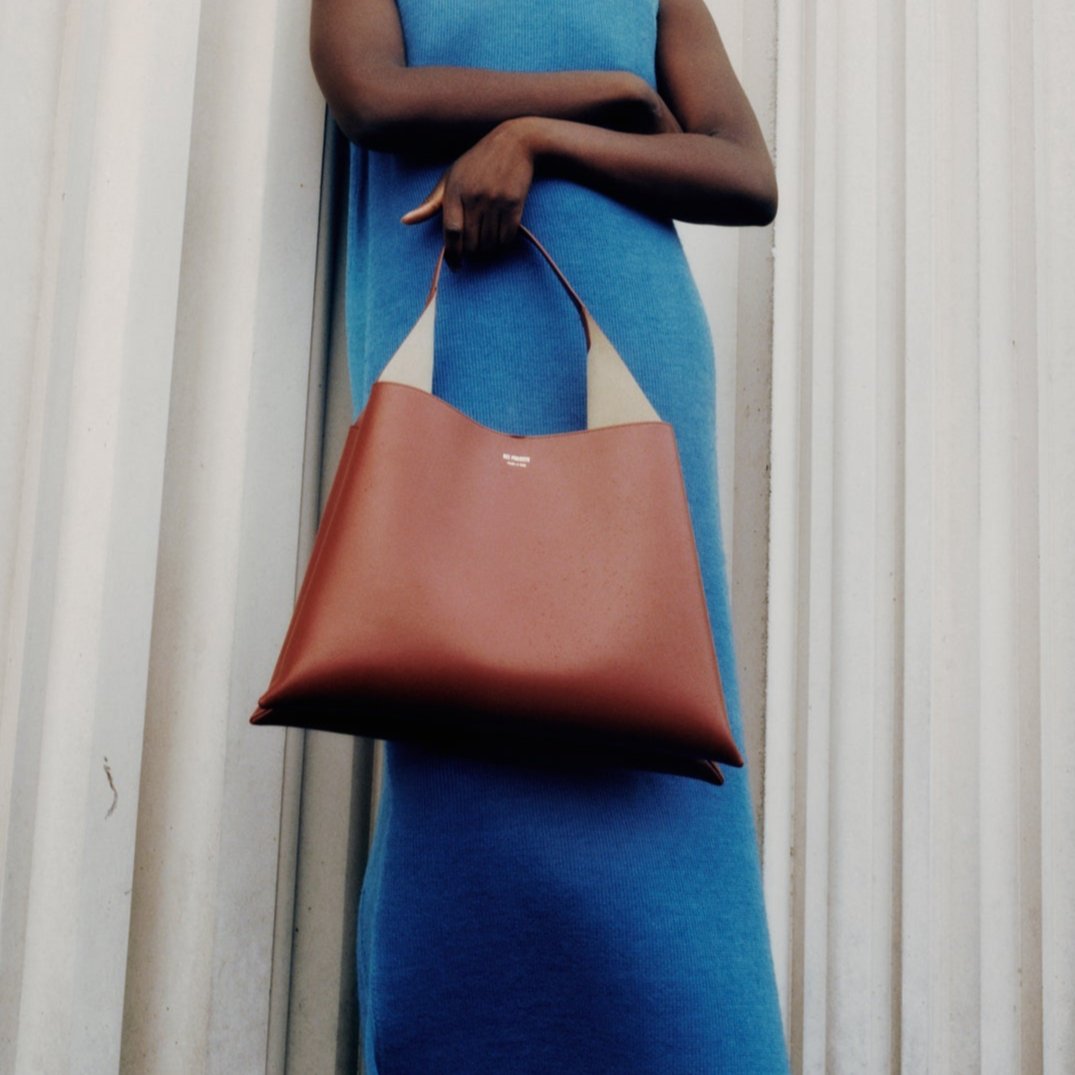 REE PROJECTS Clare Tote Large Cognac Brown Soft Calf Italian Leather Handmade Spacious Style Chic Modern Elegant Top Handle Shoulder Bag Everyday Work