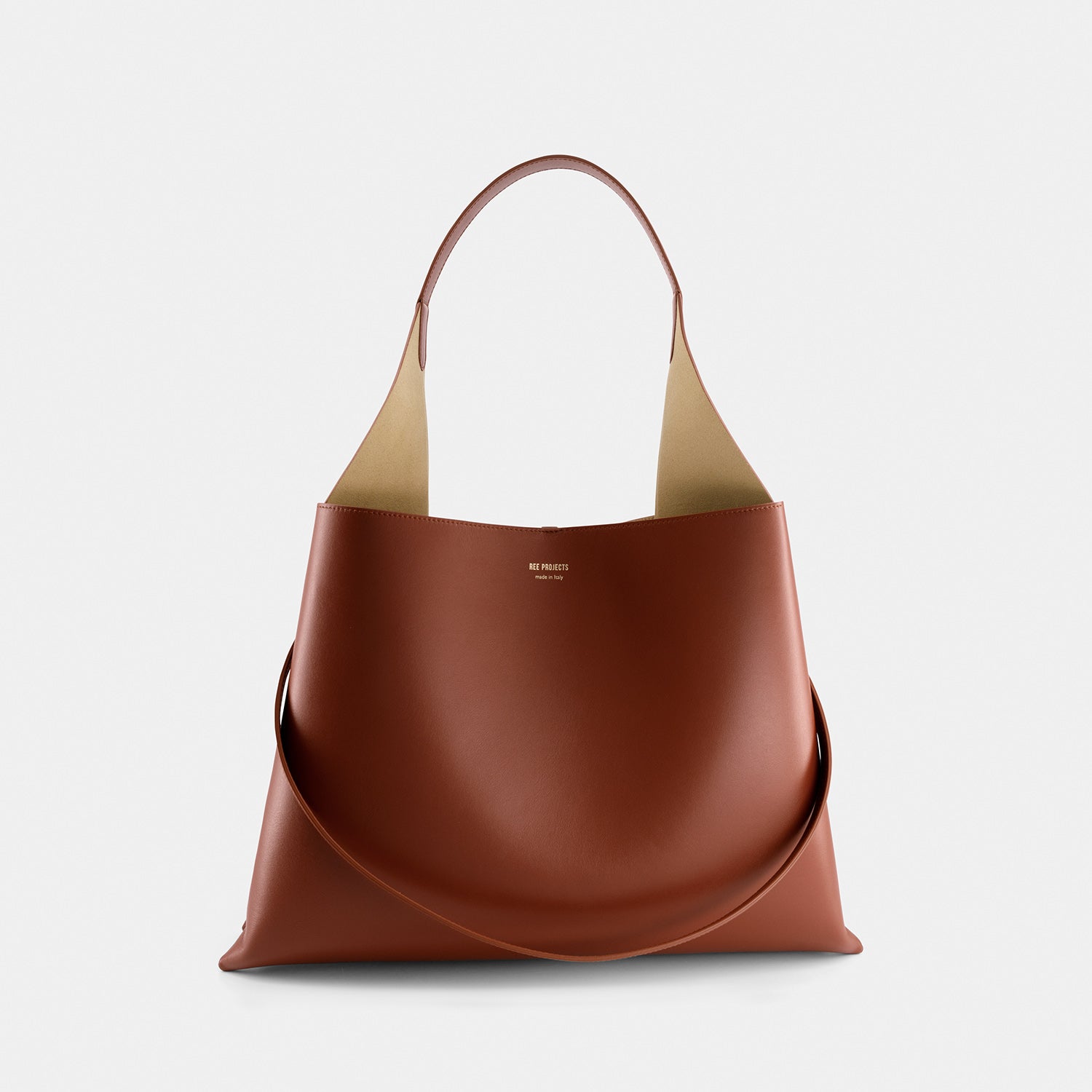 REE PROJECTS Clare Tote Large Cognac Brown Soft Calf Italian Leather Handmade Spacious Style Chic Modern Elegant Top Handle Shoulder Bag Everyday Work