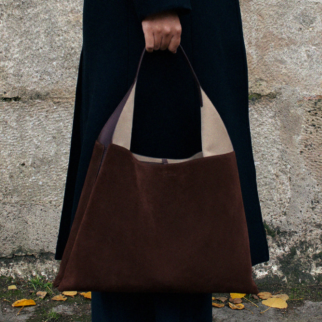 REE PROJECTS Clare Tote Large Mocha Brown Suede Soft Calf Italian Leather Handmade Spacious Style Chic Modern Elegant Top Handle Shoulder Bag Everyday Work