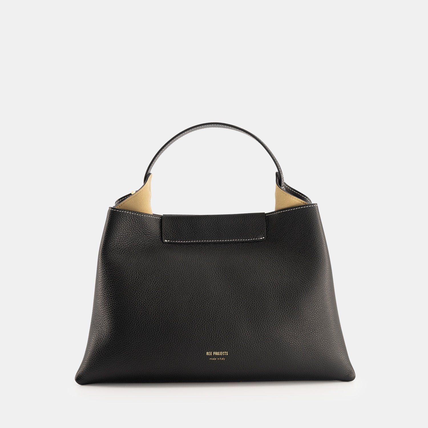 REE PROJECTS Elieze Medium Black Pebble Grain Soft Italian Leather Spacious Button Closure Top Handle Cross Body Strap Casual Elegant Functional Everyday