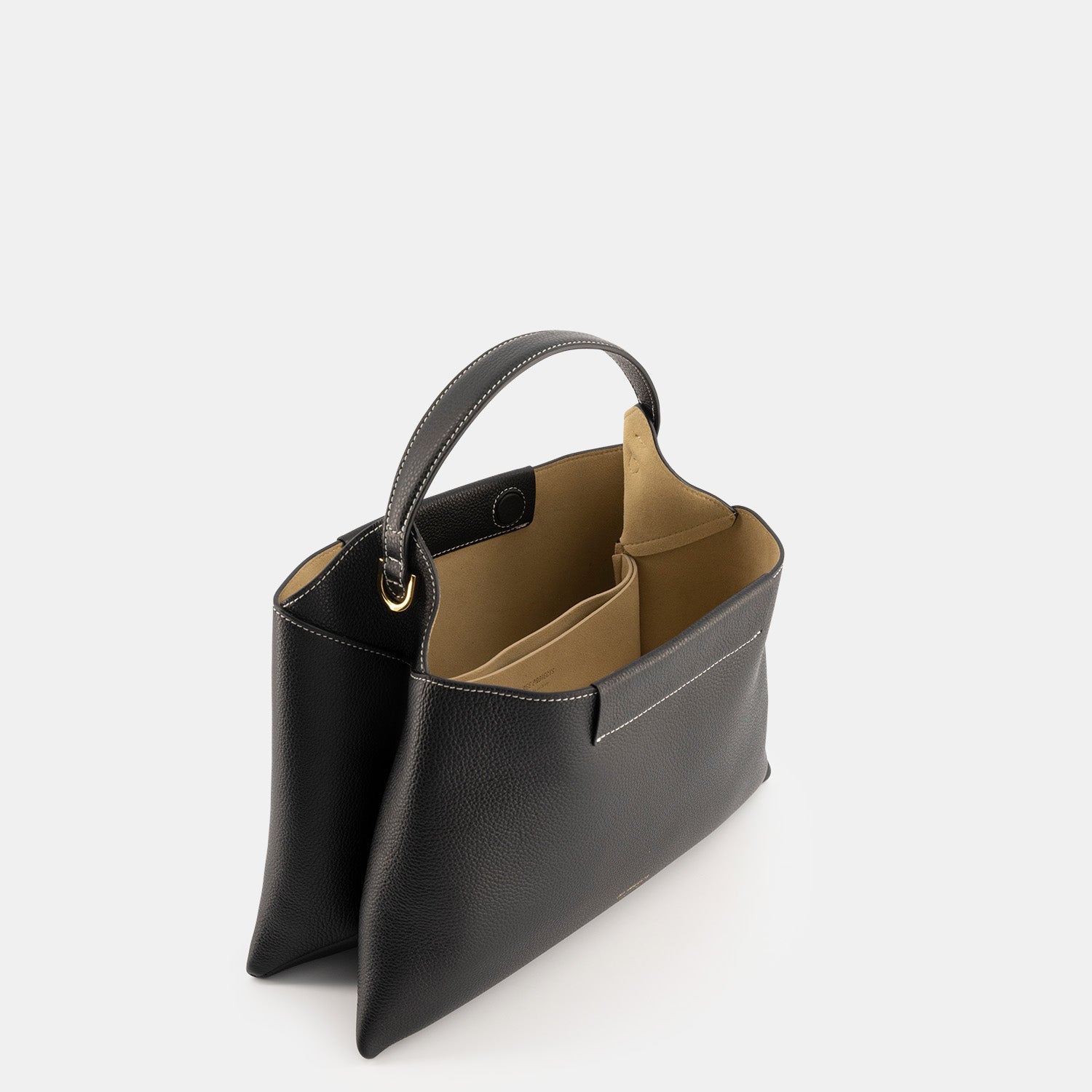 REE PROJECTS Elieze Medium Black Pebble Grain Soft Italian Leather Spacious Button Closure Top Handle Cross Body Strap Casual Elegant Functional Everyday