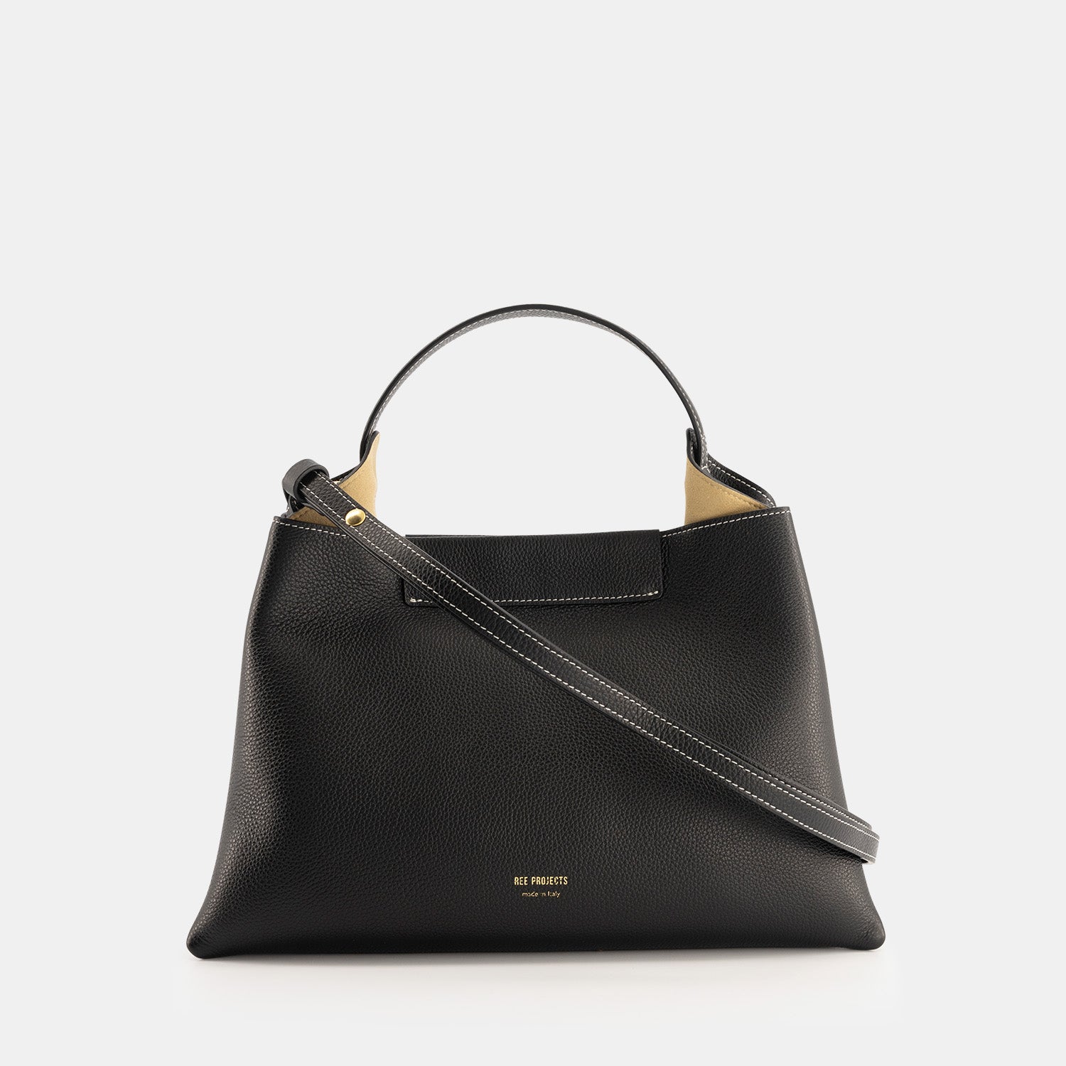 REE PROJECTS Elieze Medium Black Pebble Grain Soft Italian Leather Spacious Button Closure Top Handle Cross Body Strap Casual Elegant Functional Everyday