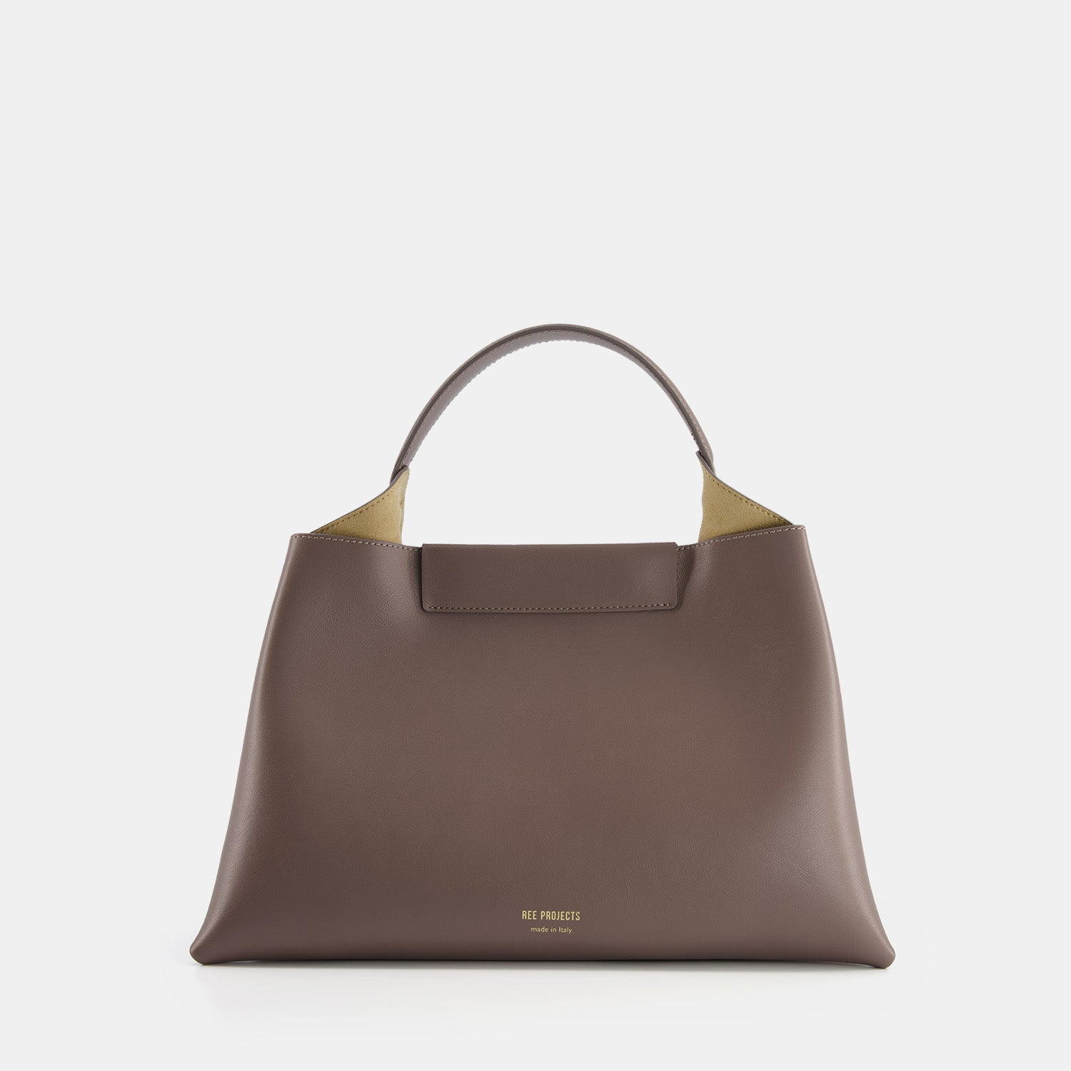 REE PROJECTS Elieze Medium Ash Brown Pebble Grain Soft Italian Leather Spacious Button Closure Top Handle Cross Body Strap Casual Elegant Functional Everyday