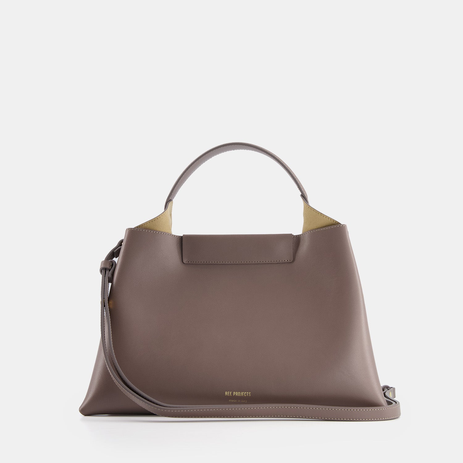 REE PROJECTS Elieze Medium Ash Brown Pebble Grain Soft Italian Leather Spacious Button Closure Top Handle Cross Body Strap Casual Elegant Functional Everyday