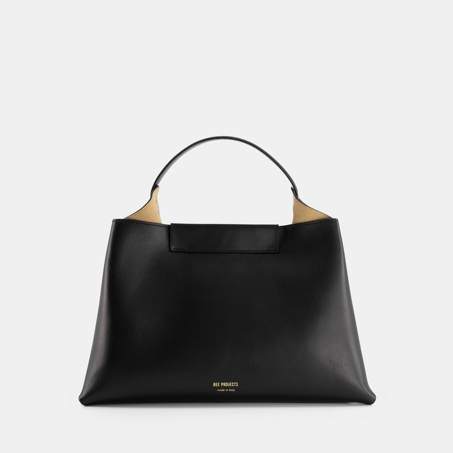 REE PROJECTS Elieze Medium Black Soft Calf Italian Leather Spacious Button Closure Top Handle Cross Body Strap Casual Elegant Functional Everyday