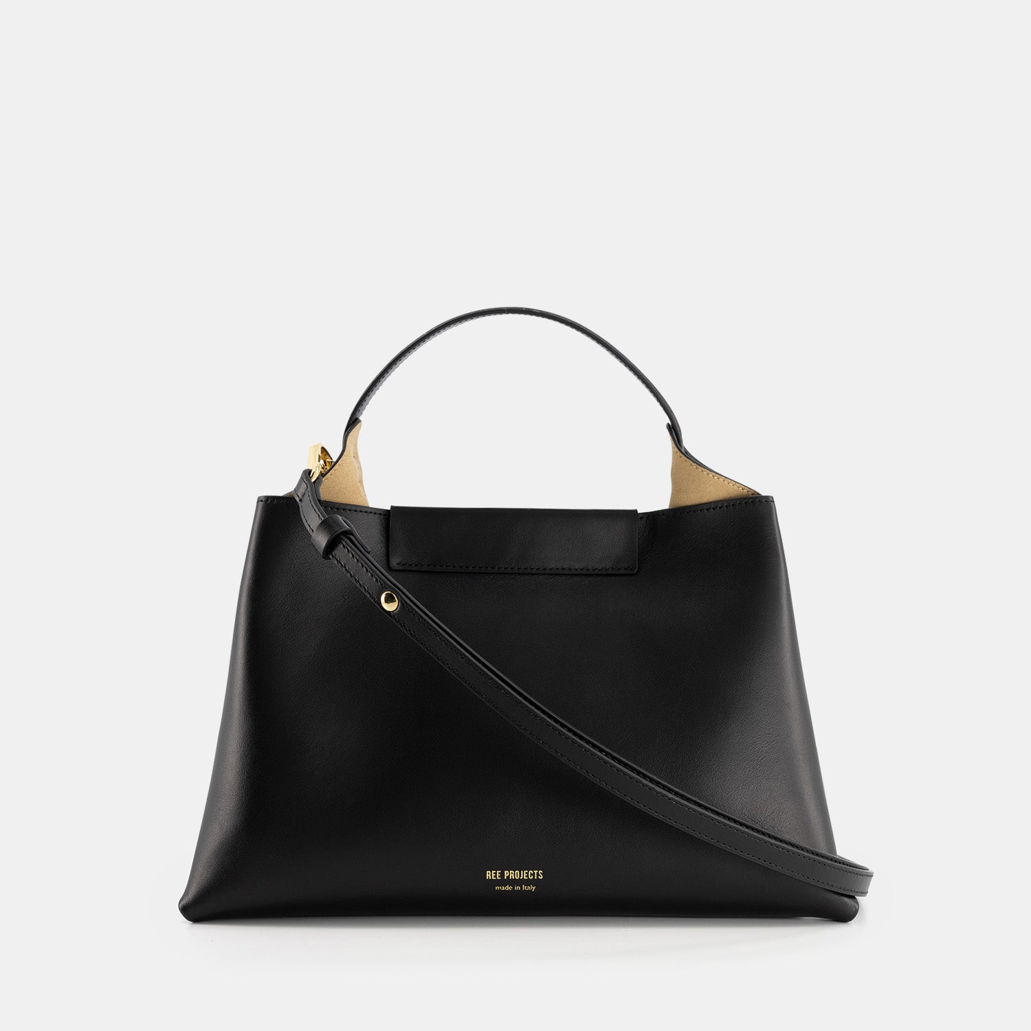 REE PROJECTS Elieze Medium Beige Soft Calf Italian Leather Spacious Button Closure Top Handle Cross Body Strap Casual Elegant Functional Everyday