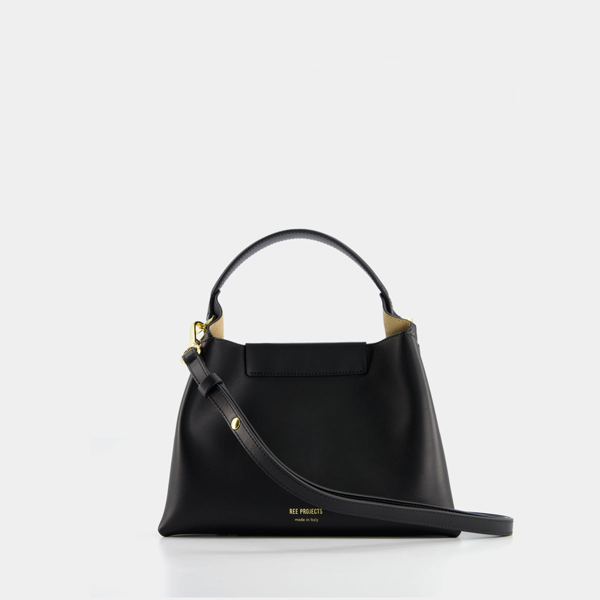 REE PROJECTS Elieze Mini Black Soft Calf Italian Leather Button Closure Top Handle Handbag Cross Body Strap Casual Elegant Functional Everyday Evening