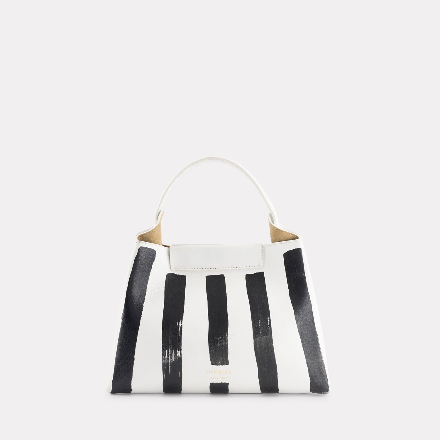 REE PROJECTS Elieze Mini White Stripes Black Hand Painted Soft Italian Leather Button Closure Top Handle Handbag Cross Body Strap Casual Elegant Functional Everyday Evening