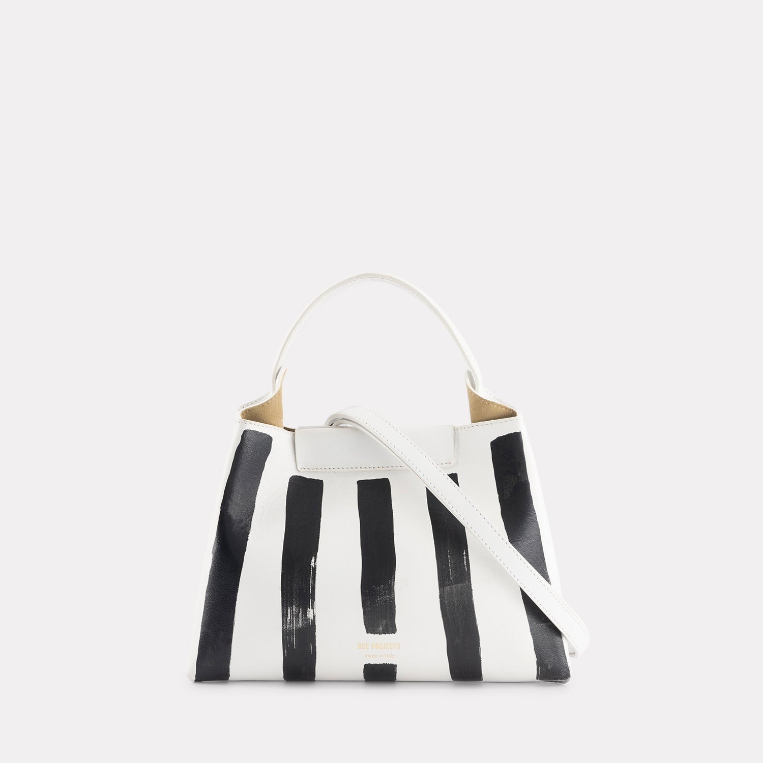REE PROJECTS Elieze Mini White Stripes Black Hand Painted Soft Italian Leather Button Closure Top Handle Handbag Cross Body Strap Casual Elegant Functional Everyday Evening