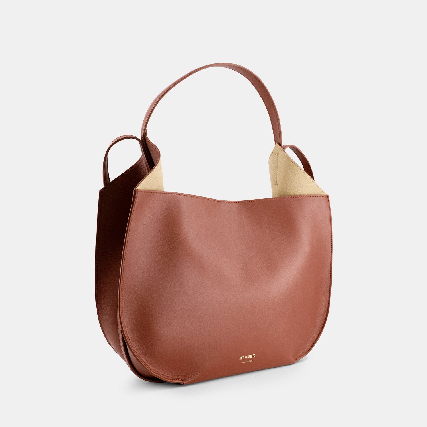 REE PROJECTS Helene Hobo Cognac Brown Tote Soft Calf Italian Leather Spacious Everyday Style Chic Work Elegant Casual Shoulder bag Cross Body