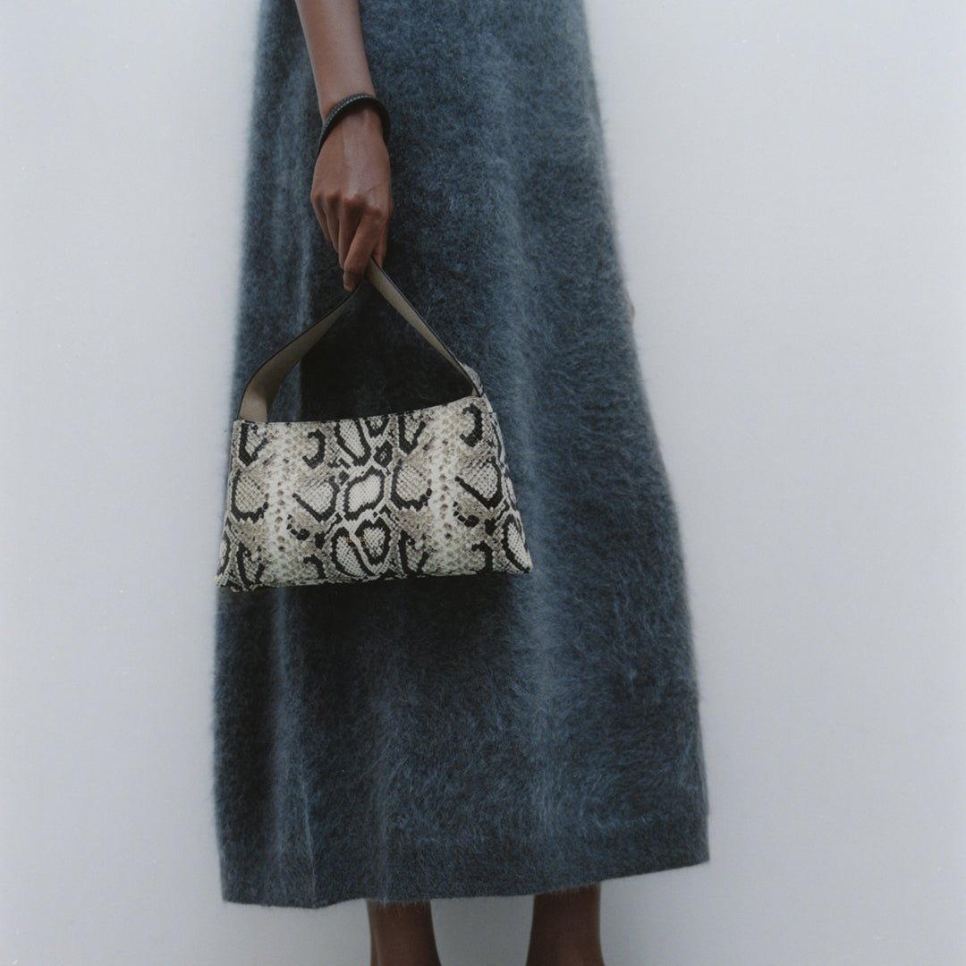 REE PROJECTS Nessa Purse Small Python Print Italian Calf Leather Handmade Style Chic Modern Elegant Top Handle Strap Shoulder Bag Everyday Evening