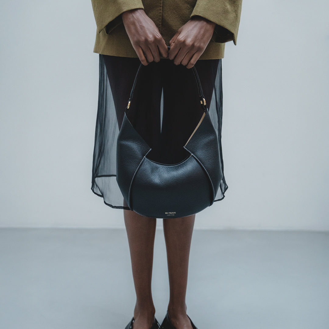 REE PROJECTS Riva Mini Black Pebble Grain Italian Leather Handmade Style Chic Modern Elegant Top Handle Shoulder Bag Everyday Evening