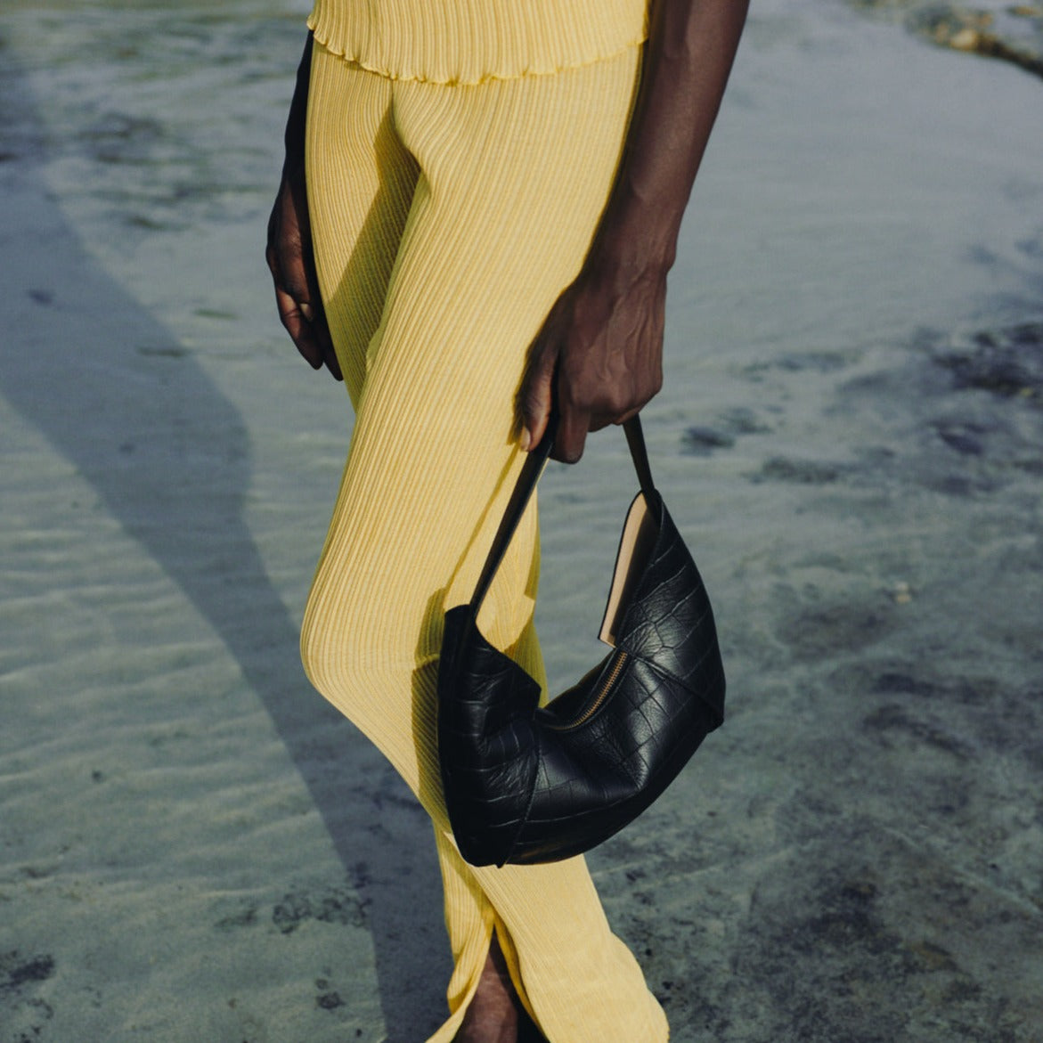 REE PROJECTS Riva Mini Black Soft Croc Premium Italian Leather Handmade Style Chic Modern Elegant Top Handle Shoulder Bag Everyday Evening