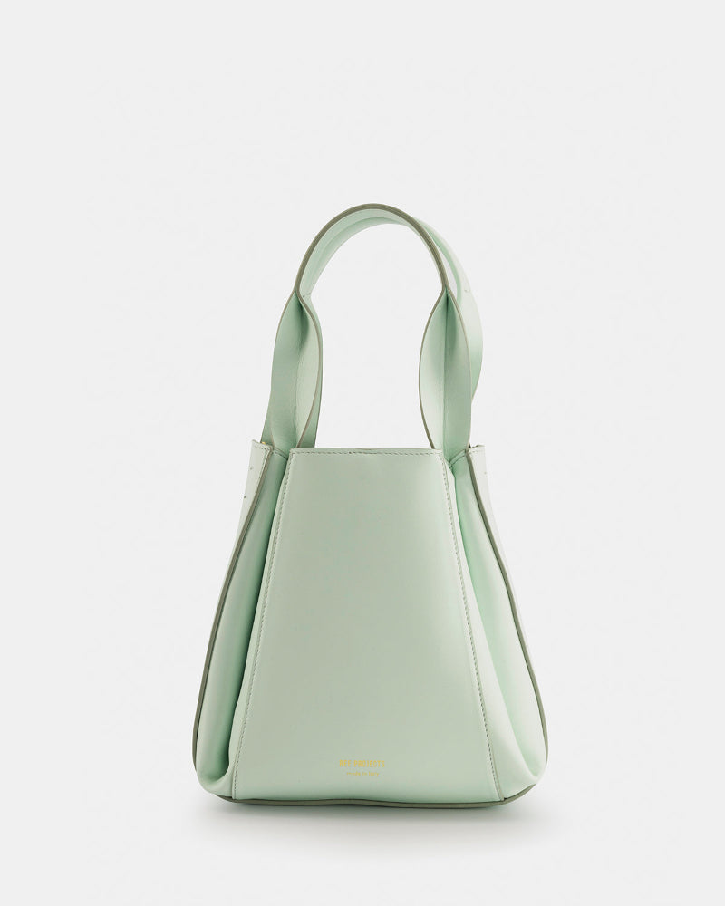 A compact mini tote bag in sheer mint color and two handles.