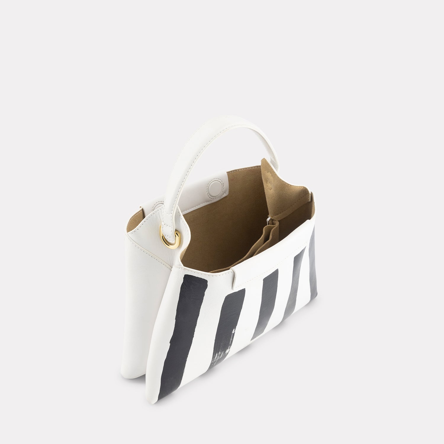 REE PROJECTS Elieze Mini White Stripes Black Hand Painted Soft Italian Leather Button Closure Top Handle Handbag Cross Body Strap Casual Elegant Functional Everyday Evening 