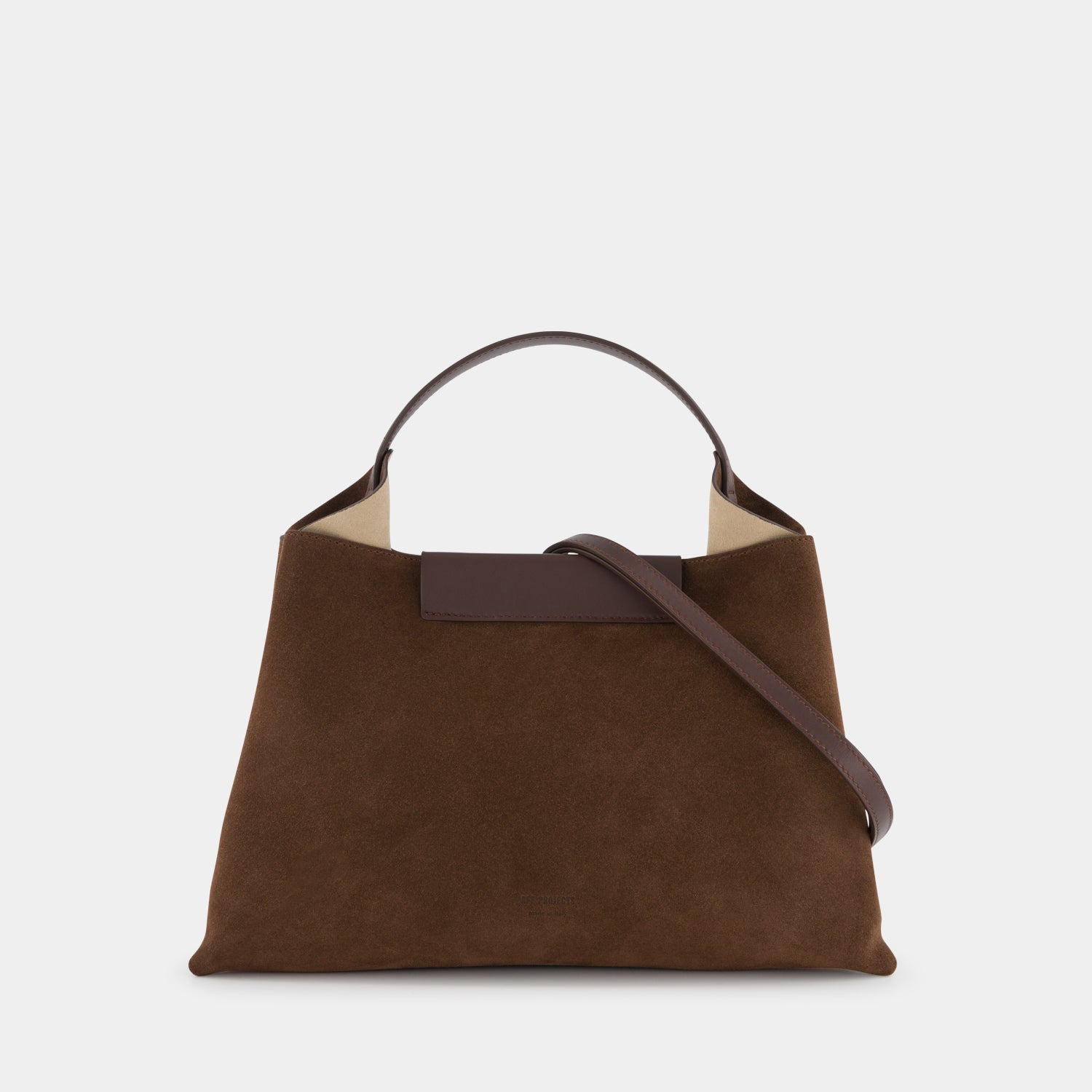REE PROJECTS Elieze Medium Mocha Brown Suede Soft Calf Italian Leather Spacious Button Closure Top Handle Cross Body Strap Casual Elegant Functional Everyday 