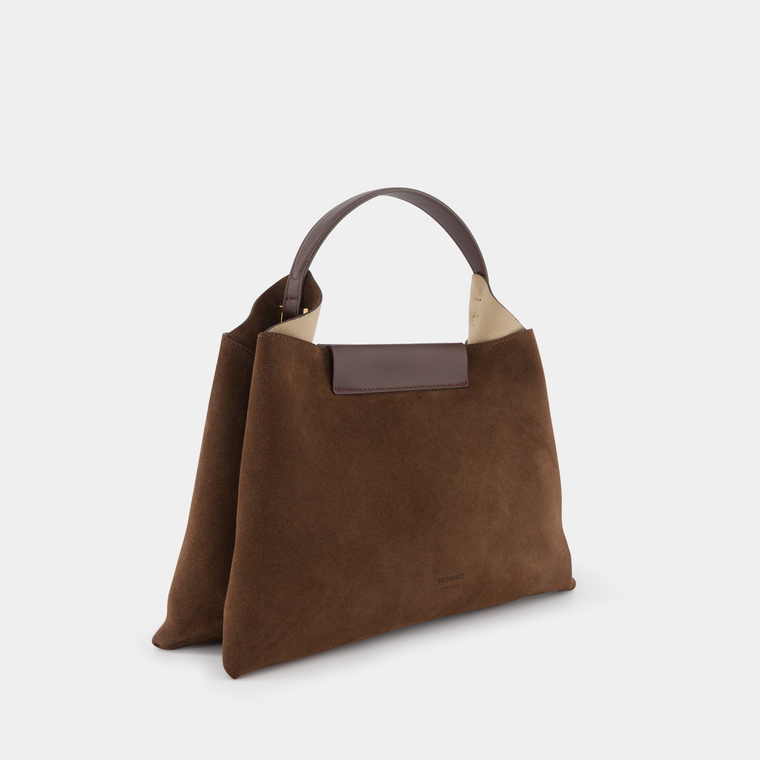 REE PROJECTS Elieze Medium Mocha Brown Suede Soft Calf Italian Leather Spacious Button Closure Top Handle Cross Body Strap Casual Elegant Functional Everyday 