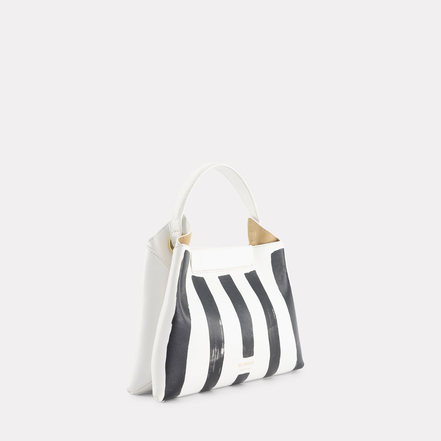 REE PROJECTS Elieze Mini White Stripes Black Hand Painted Soft Italian Leather Button Closure Top Handle Handbag Cross Body Strap Casual Elegant Functional Everyday Evening 