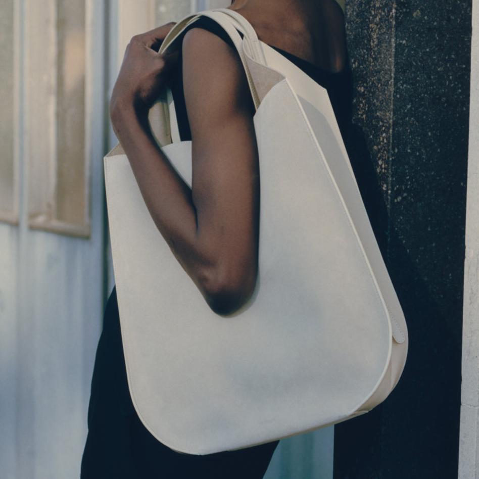 REE PROJECTS Helene Large Tote Beige Soft Calf Italian Leather Handmade Spacious Work Style Chic Elegant Shoulder Bag Top Handle Strap Cross Body Everyday 